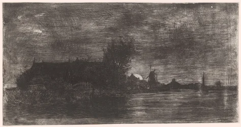 Landschaft mit Häusern und Mühle am Wasser