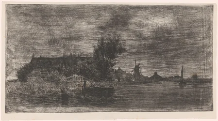 Landschaft mit Häusern und Mühle am Wasser