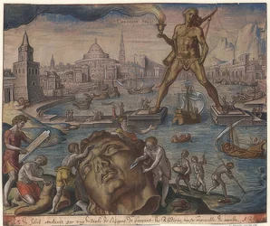 Der Koloss von Rhodos (aus der Folge der sieben Weltwunder). Nach Maarten van Heemskerck. 1572