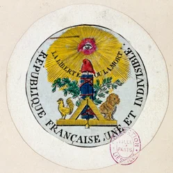 Französische Revolution: Siegel dekoriert mit Symbolen der Republik und der Freimaurerindustrie. Gravur von Philippe Auguste Hennequin (1762-1833) 1792 Paris, Carnavalet Museum