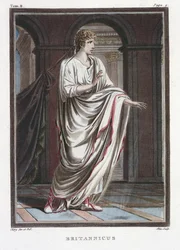 Britannicus, Kostüm für „Britannicus“ von Jean Racine, aus Band II der „Forschungen über die Kostüme und das Theater aller Nationen“, gestochen von Pierre Michel Alix (1762-1817), 1802