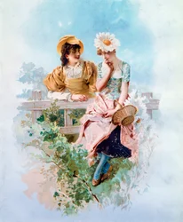 Vertrauen. Zwei junge Mädchen flüstern sich Geheimnisse zu (Lithographie)