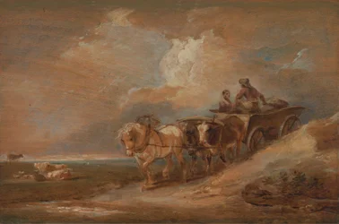 Landschaft mit Pferde- und Ochsenkarren