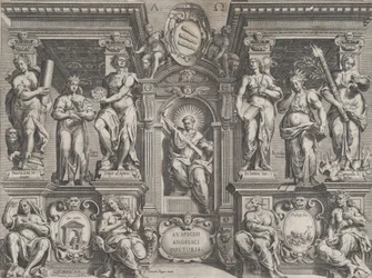 Allegorischer Thesendruck mit verschiedenen Figuren in einer architektonischen Struktur