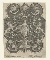 Helmtragende Frau mit Schild und Speer