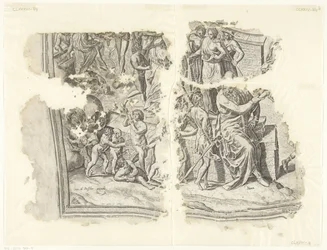 Linke untere Ecke einer Druckgrafik der Szene von Cebes (Tabula Cebetis Carta Vitae)
