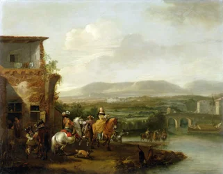 Eine elegante Reitgesellschaft vor einem Bauernhof an einem Fluss