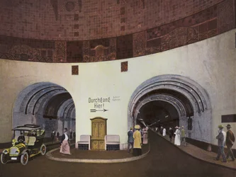 Hamburg: Elbtunnel, erbaut 1908-11 Länge 450m, Tiefe 20m und Kosten ca. 11 Millionen Mark