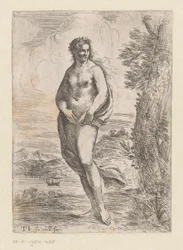 Stehende nackte Frau in Landschaft