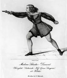 Porträt von Wilhelmine Schröder-Devrient, deutsche Sopranistin, in der Rolle der Leonora in Fidelio oder Die eheliche Liebe, von Ludwig van Beethoven, Gravur