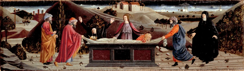 Polyptychon der Barmherzigkeit: um den Körper Jesu Christi: Heiliger Johannes, die Jungfrau Maria, Heilige Maria Magdalena, Heiliger Joseph von Arimathäa und Heiliger Nikodemus
