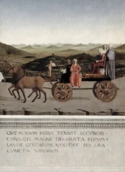 Triumph von Battista Sforza, Herzogin von Urbino. Battista und ihre Zofe, zwei theologische Tugenden und eine Nonne werden in einem Triumphwagen von zwei braunen Einhörnern gezogen, nach 1472 (Tempera auf Holz) (Detail)