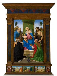 Thronende Madonna mit Kind und den Heiligen Petrus, Johannes dem Täufer, Dominikus und Nikolaus von Bari