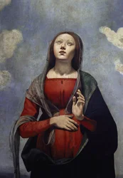 Die Jungfrau Maria mit der Taube des Heiligen Geistes über ihr, umgeben von sechs Heiligen (Detail)