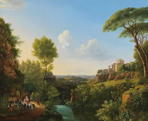 Italienische Landschaft mit Reisenden an einem Brunnen