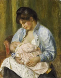 Eine Frau, die ein Kind stillt