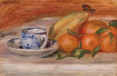 Orangen, Bananen und Teetasse
