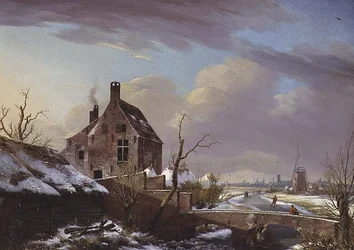 Winterlandschaft mit Figuren an einer Brücke
