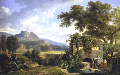 Klassische Landschaft mit Figuren, die an einem Brunnen trinken