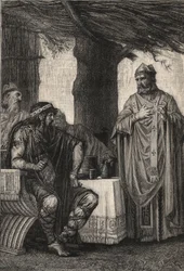 Heiliger Gregor von Tours (538-594) (Gregor von Tours) widersetzt sich Chilperich I. (539-584) Frankenkönig der Merowinger-Dynastie - Gravur von Pierre Fritel (1853-1942)