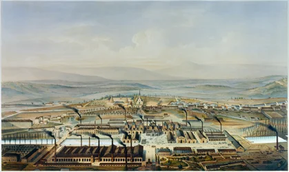 Ansicht der Creusot- und Chateau de la Verrerie-Werkstätten, Lithographie nach Aquarell von Pierre Tremaux (1818-1895)
