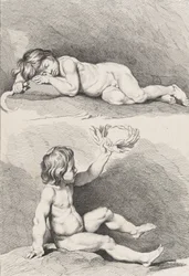 Zwei nackte Kinder, eines schlafend und das andere hält einen Kranz, aus New Book of Childr...