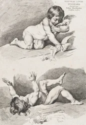 Zwei nackte Kinder, die mit einem Blatt spielen, aus New Book of Children, 1720-60