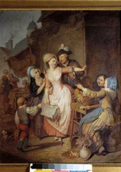 Die Verführung. Ein Mann verführt eine junge Frau, indem er ihr einen Blumenstrauß anbietet, während eine andere Frau sie zu warnen scheint. 1778. Paris, Kunstgewerbemuseum