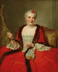 Porträt einer eleganten Dame, die ein Weberschiffchen hält, 1751