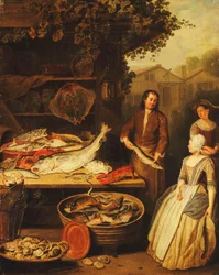 Ein Fischhändler zeigt einer Magd einen Hecht, 1727