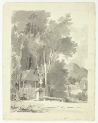 Klassische Urne vor einem Schuppen, mit Tempel und Berg im Hintergrund