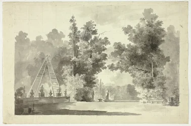 Ansicht des Parks von Versailles: Bogen der Leitern mit Pflanzen; Statuen