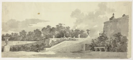 Blick auf den Park von Versailles: Treppe, Urnen und Formschnitte
