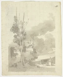 Blick auf den Park von Versailles: Terrasse, Bäume und Reiterstatue