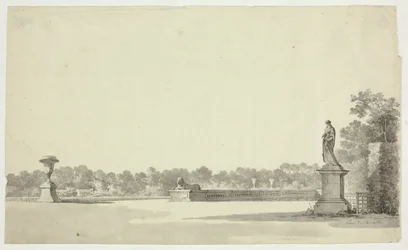 Blick auf den Park von Versailles: Terrasse mit Urne, Sphinx und weiblicher Statue