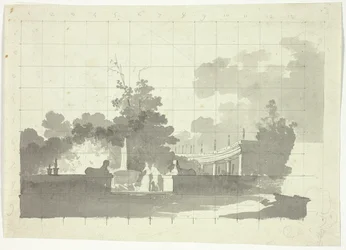 Blick auf den Park von Versailles: Zwei Sphinxe und ein Paar in der Nähe einer Kolonnade