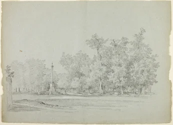 Ansicht des Parks von Versailles: Landschaft mit Gedenksäule und Baumhain