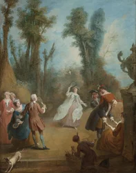 Elegante Figuren beim Federballspiel in einem Park, ca. 1730