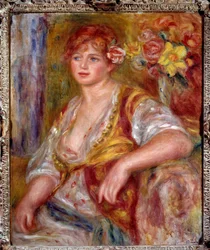 Blonde mit der Rose. Porträt von Andrée Madeleine Heuschling (1900-1979) genannt „Dedee“, eine Schauspielerin bekannt als Catherine Hessling (sie heiratete Jean Renoir im Jahr 1920). Gemälde von Pierre Auguste Renoir (1841-1919), circa 1915