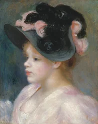 Junges Mädchen mit rosa-schwarzem Hut, um 1891