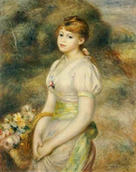 Junges Mädchen mit einem Korb voller Blumen