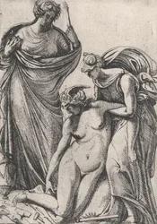 Studie zur Unterstützung der ohnmächtigen Personifikation der Skulptur, stehend daneben, Fran..., 1607-61