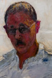 Selbstporträt auf weißem Hintergrund, Hemd mit offenem Kragen (Detail)