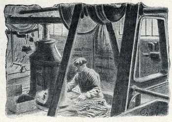 Besteckprägung mit einer Mühle, Gravur aus „Excursion à travers les métiers“ von Pierre Calmette, Privatsammlung