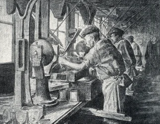 Schneiderei in der Kristallglasmanufaktur in Sèvres bei Paris, Gravur aus „Excursion à travers les métiers“ von Pierre Calmette, Privatsammlung