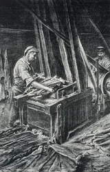 Lederverarbeitung: das Weichmachen der Tierhäute in einer Walkmühle (Gravur aus der Sammlung Pierre Calmette)