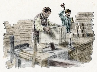 Savonnerie: das Schneiden der Seifenblöcke. Gravur aus „Excursion à travers les métiers“ von Pierre Calmette, Privatsammlung