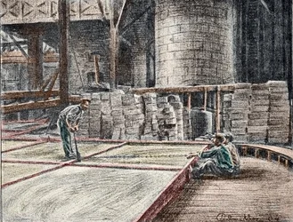 Seifenherstellung: das Schneiden der Seife in Formen (Gravur aus "Exkursion durch die Berufe" von Pierre Calmette)