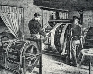 Seidenarbeit: das Abrollen der Seide (Gravur aus "Exkursion durch die Berufe" von Pierre Calmette)