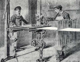 Seidenwerkstatt: Vorbereitung der Kette am Faltbrett (Seidenarbeit), Gravur aus "Excursion à travers les métiers" von Pierre Calmette, Privatsammlung